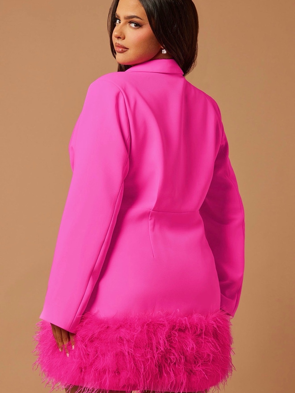 Fashion Nova Hot Pink Feather-Trim Blazer Dress